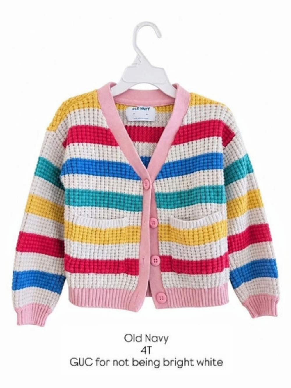 Old Navy 4T Girls Cardigan Rainbow Stripe Waffle-Knit Button-Front Knit Sweater